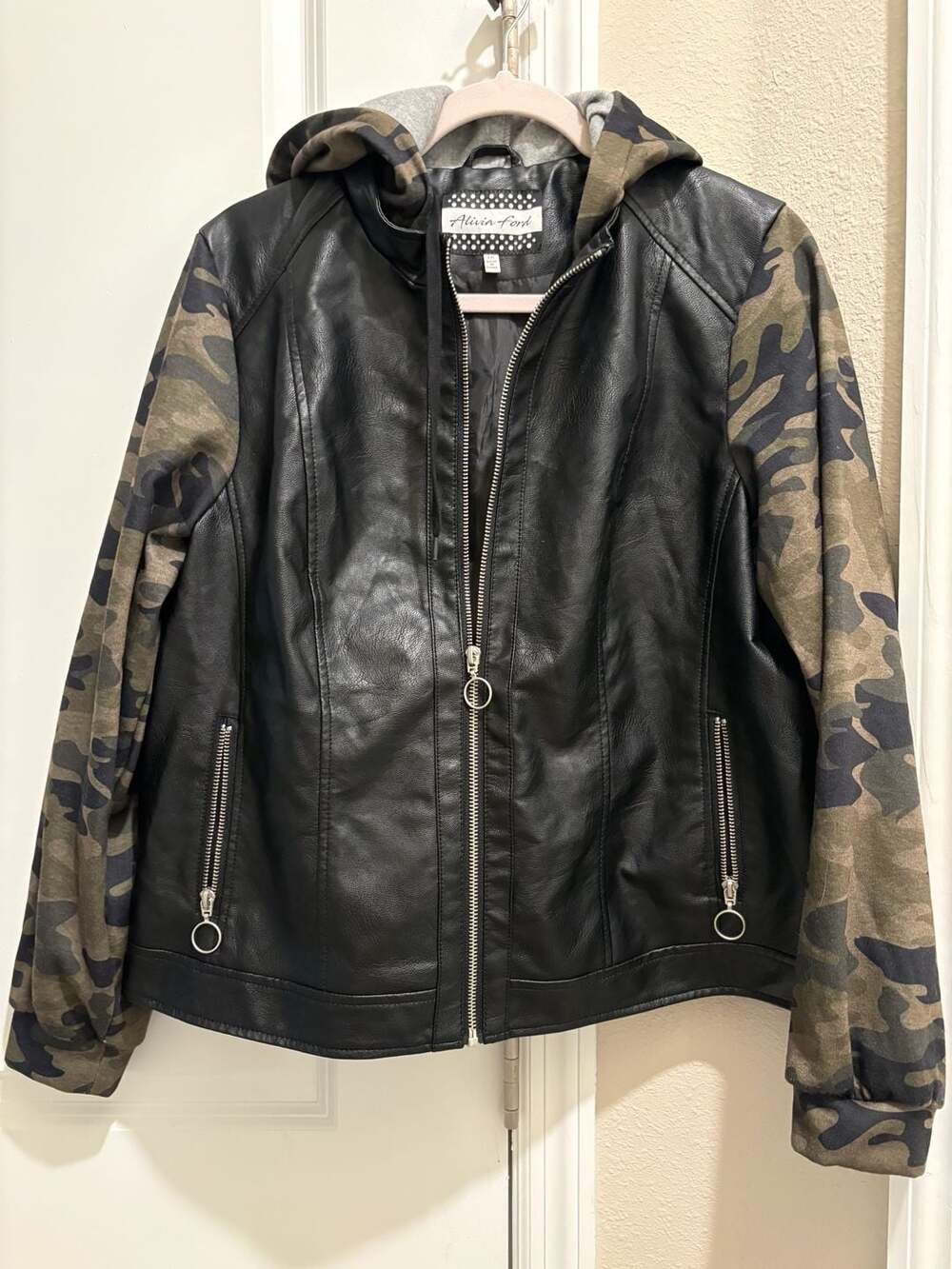Alivia Ford Black Faux Leather Jacket with Camouflage Sleeves and Hood Size 1X